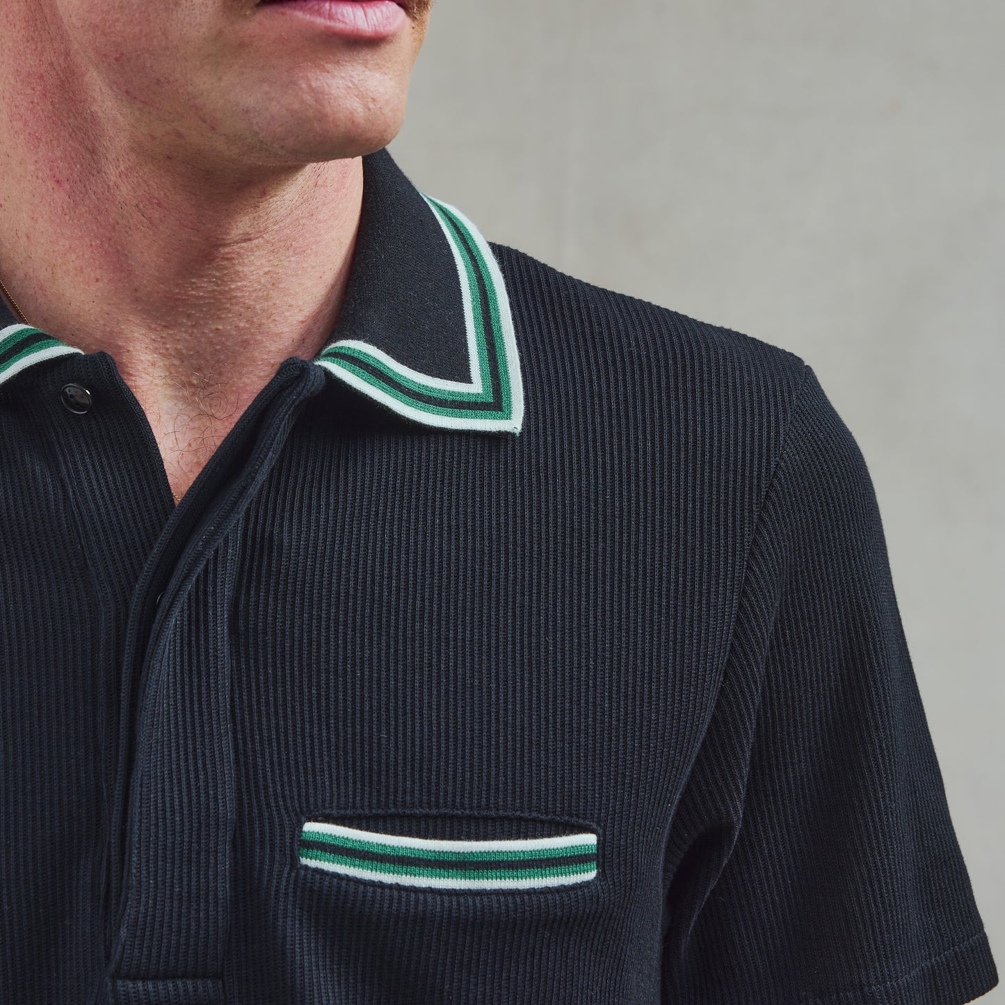 Black Knitted Collar Polo Shirt