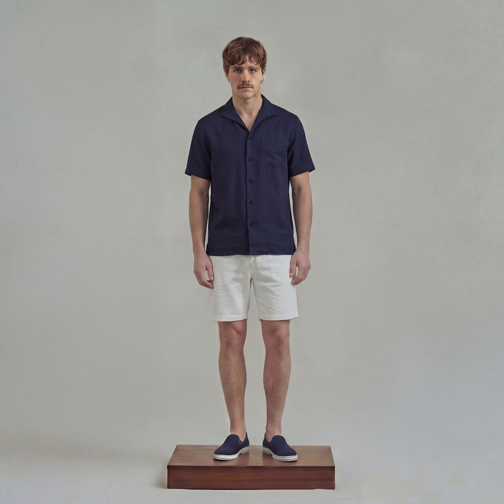 Short Sleeves Shirt in linen with Shark Collar and chest pocket