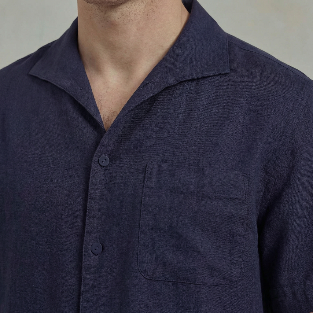 Short Sleeves Shirt in linen with Shark Collar and chest pocket