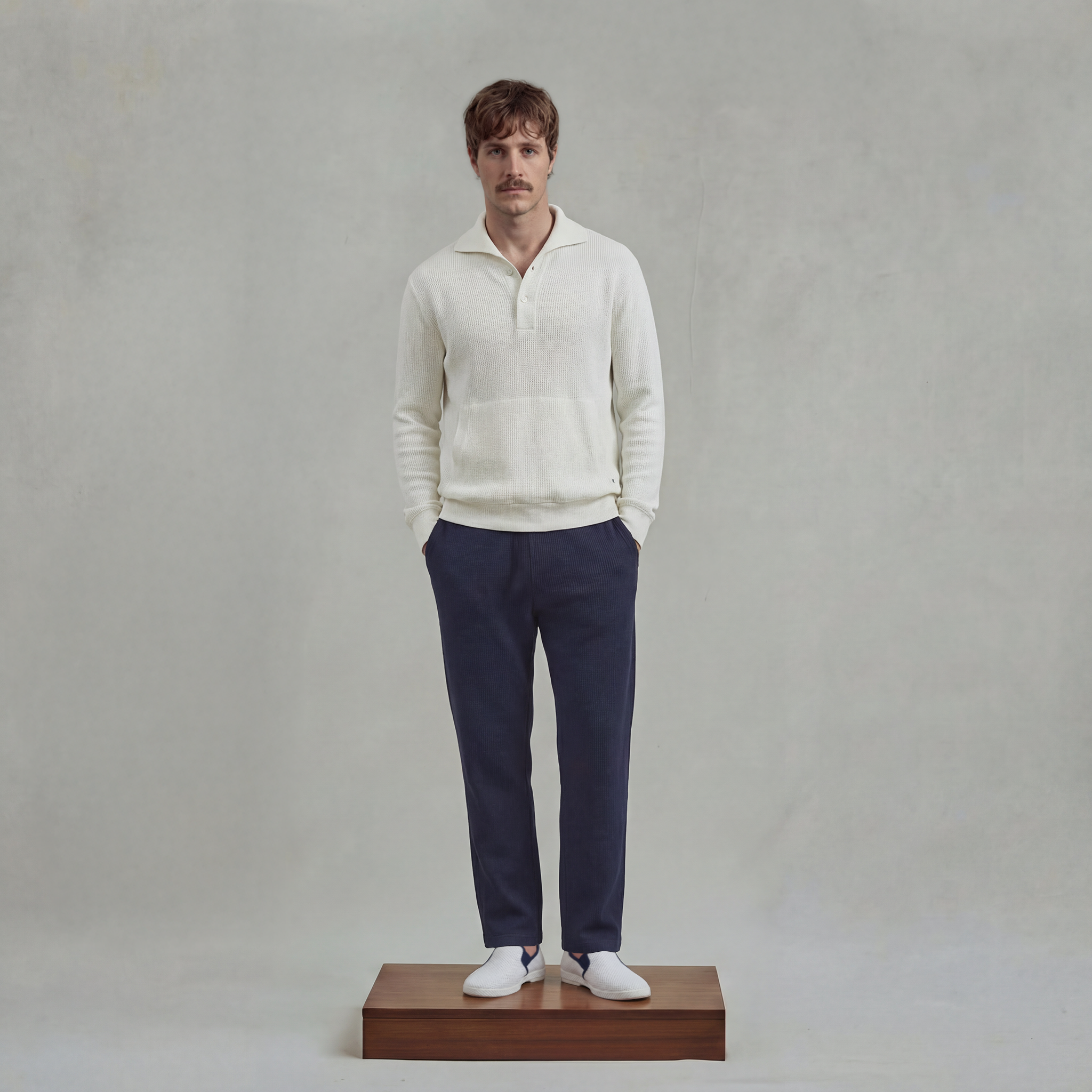 Button-down Sweatshirt in Honeycomb Knitting with shark collar